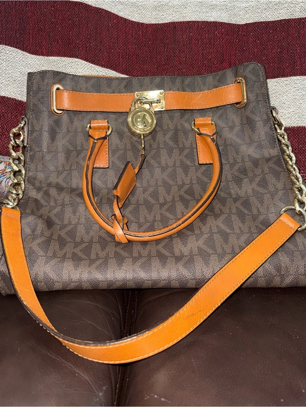 Michael Kors Brown Monogram Tote with Orange Leather Trim
